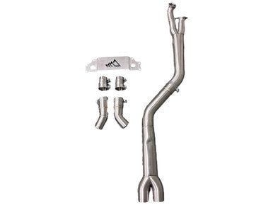 MAD BMW S58 4-inch Fat Boy single midpipe for M2 G87, showing the stainless steel exhaust pipe with mounting brackets.