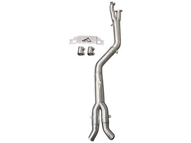 MAD BMW S58 4-inch Fat Boy single midpipe for M2 G87, showing the stainless steel exhaust component with mounting details.